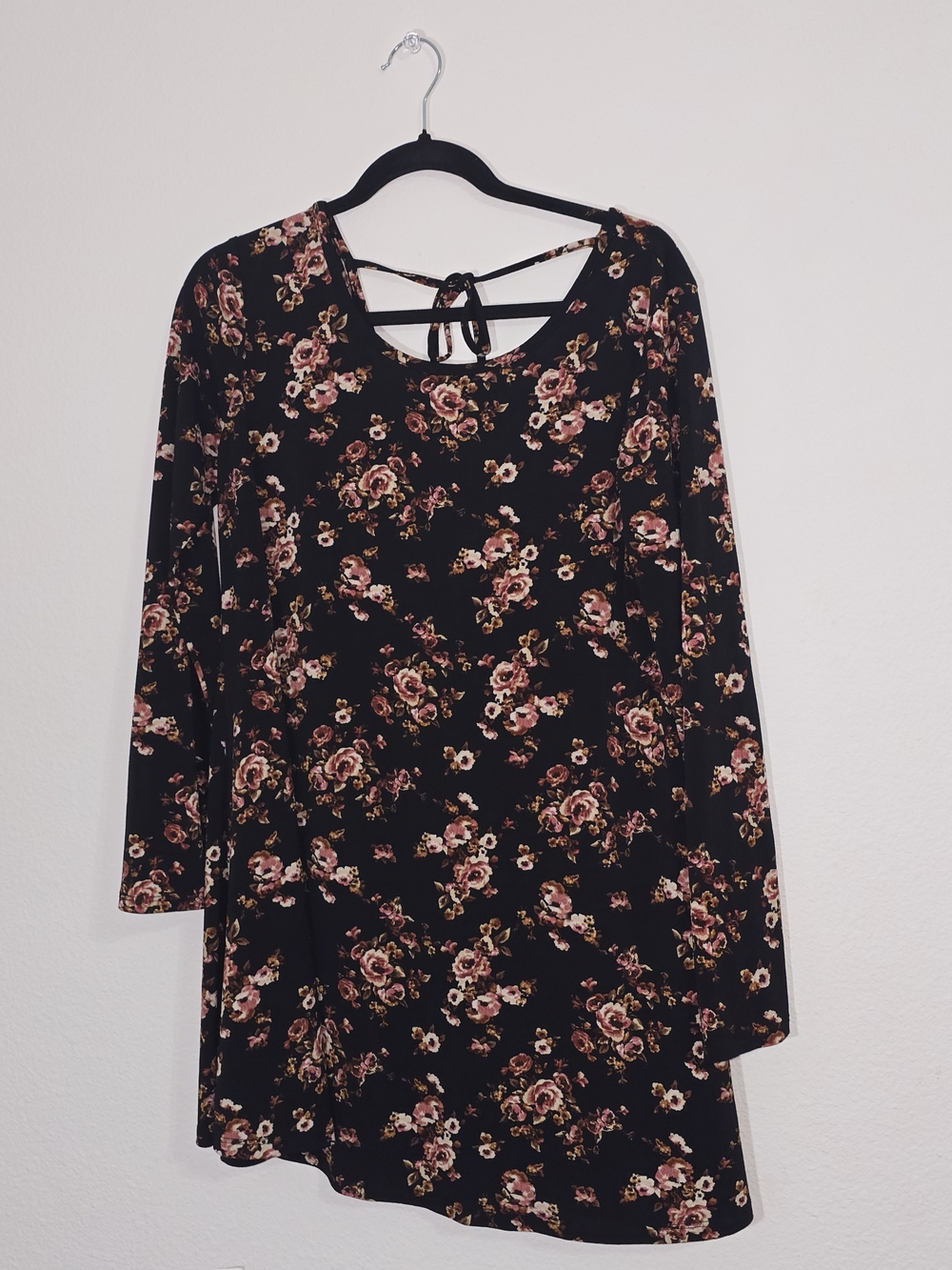 Floral Long-Sleeve Swing Dress - Black with Pink Rose Print